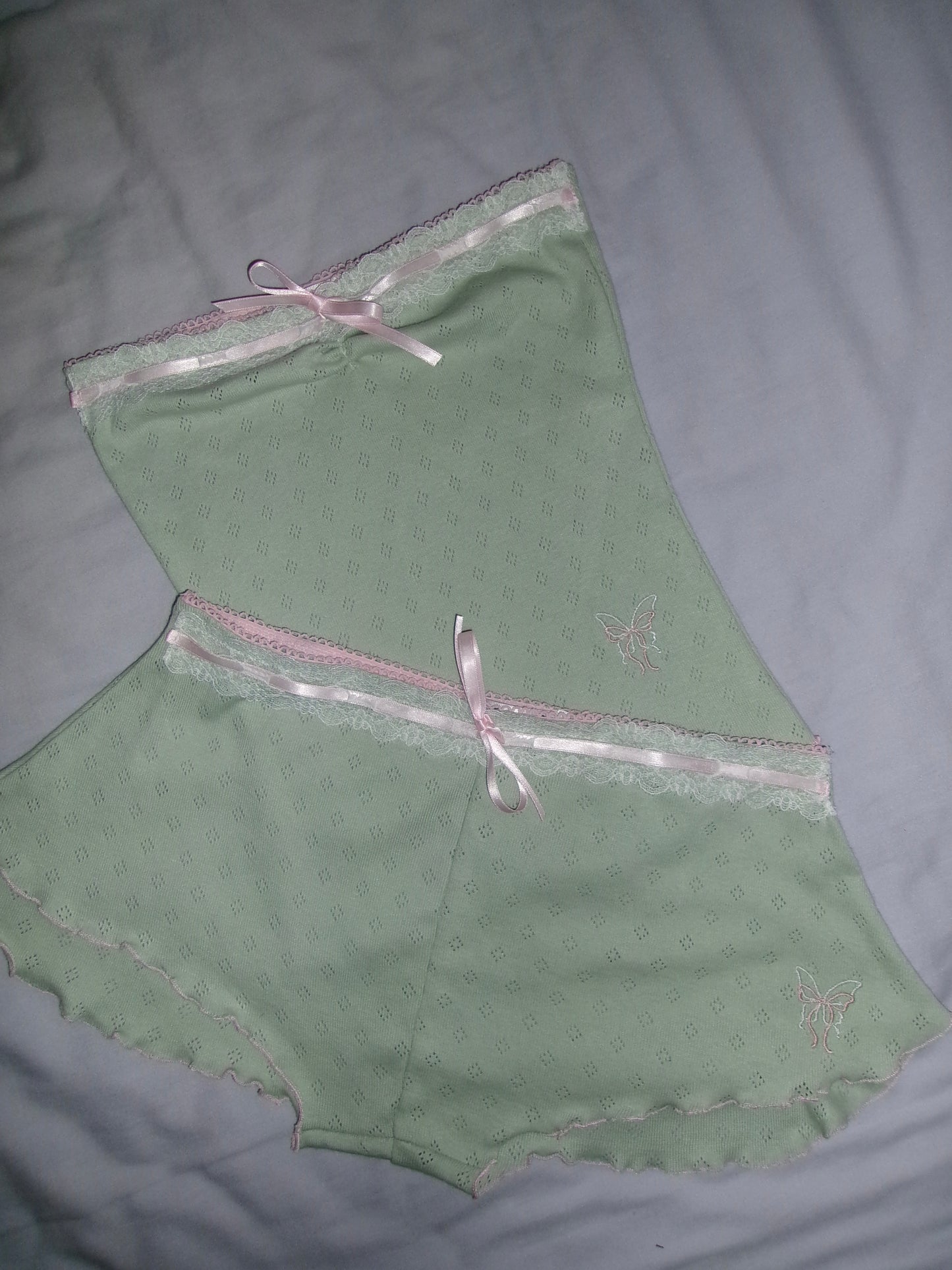 蝶々 Chouchou Butterfly and Bow Embroidered Pointelle Set Green