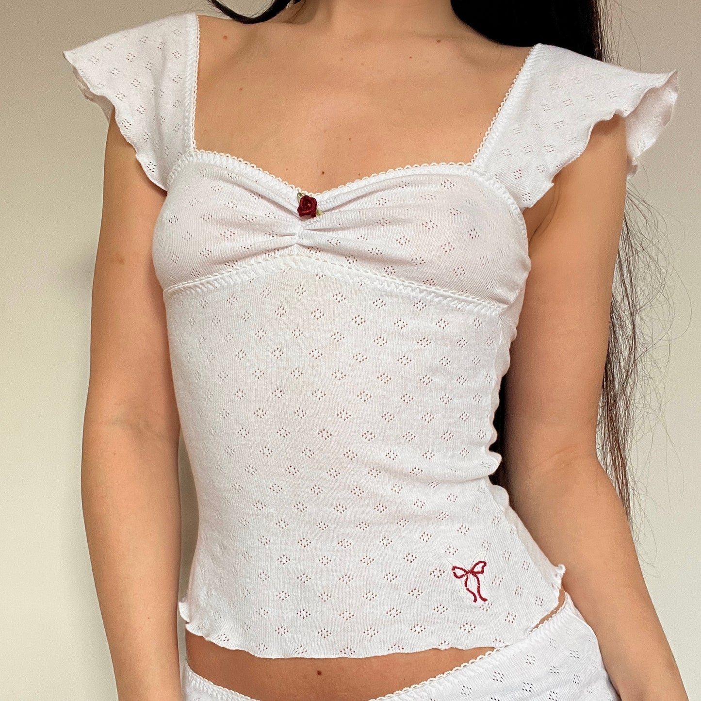 バラ Bara Pointelle Top With Sleeves - White
