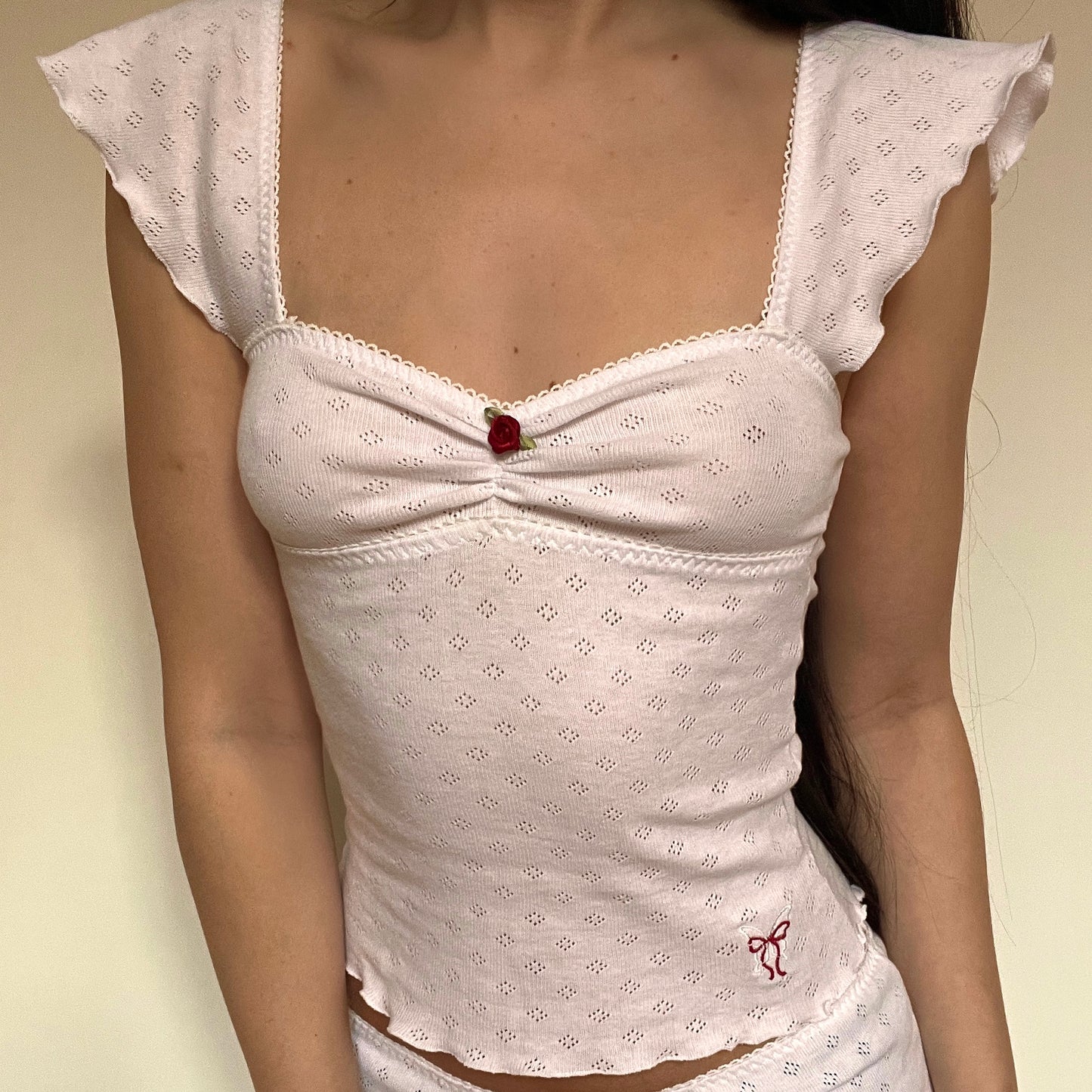 バラ Bara Pointelle Top With Sleeves - White