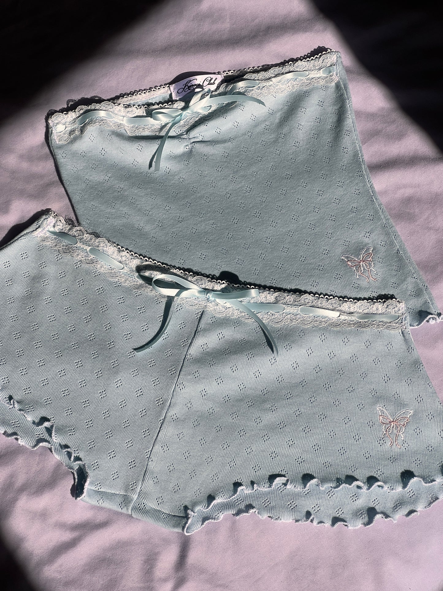 蝶々 Chouchou Butterfly and Bow Embroidered Pointelle Set Blue