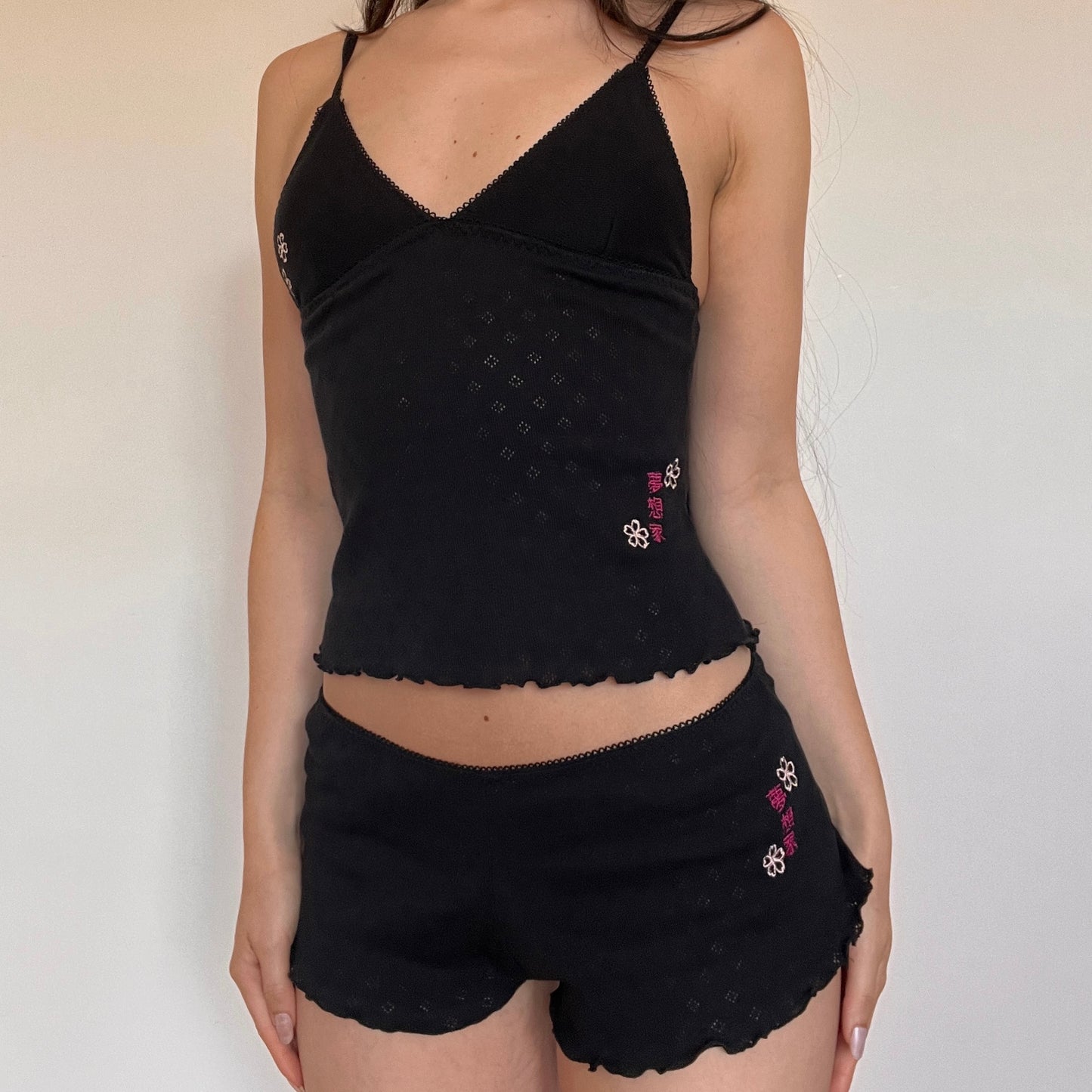 夜桜 Yozakura Embroidered Pointelle Top Black