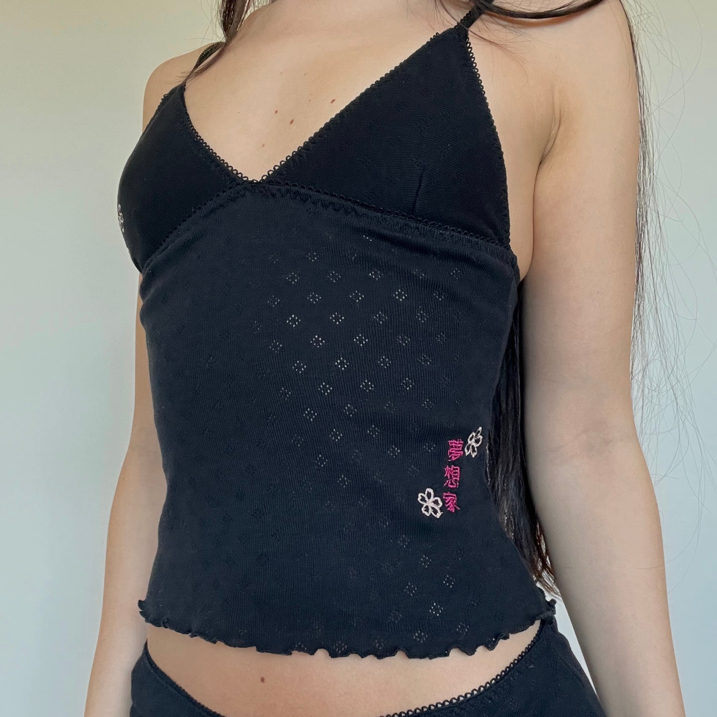 夜桜 Yozakura Embroidered Pointelle Top Black