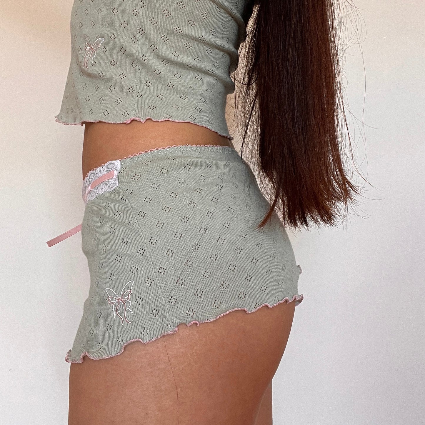 蝶々 Chouchou Butterfly and Bow Embroidered Pointelle Set Green