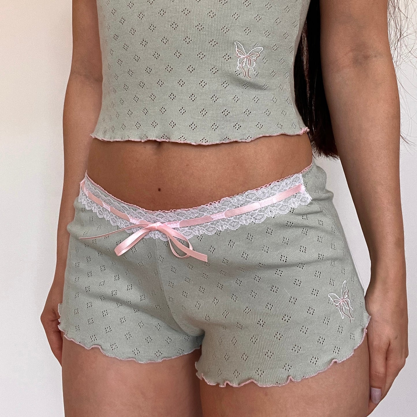 蝶々 Chouchou Butterfly and Bow Embroidered Pointelle Set Green