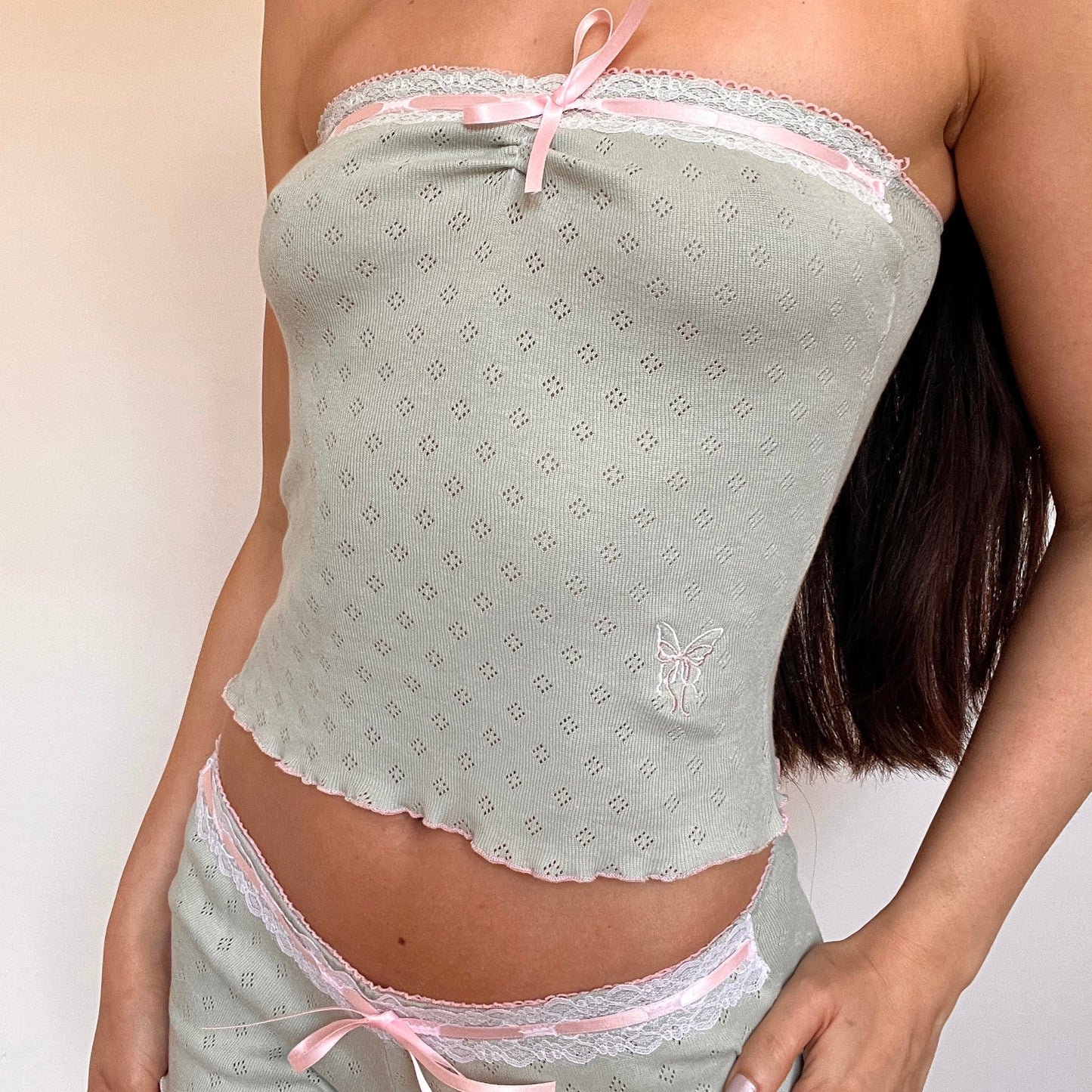 蝶々 Chouchou Butterfly and Bow Embroidered Pointelle Set Green