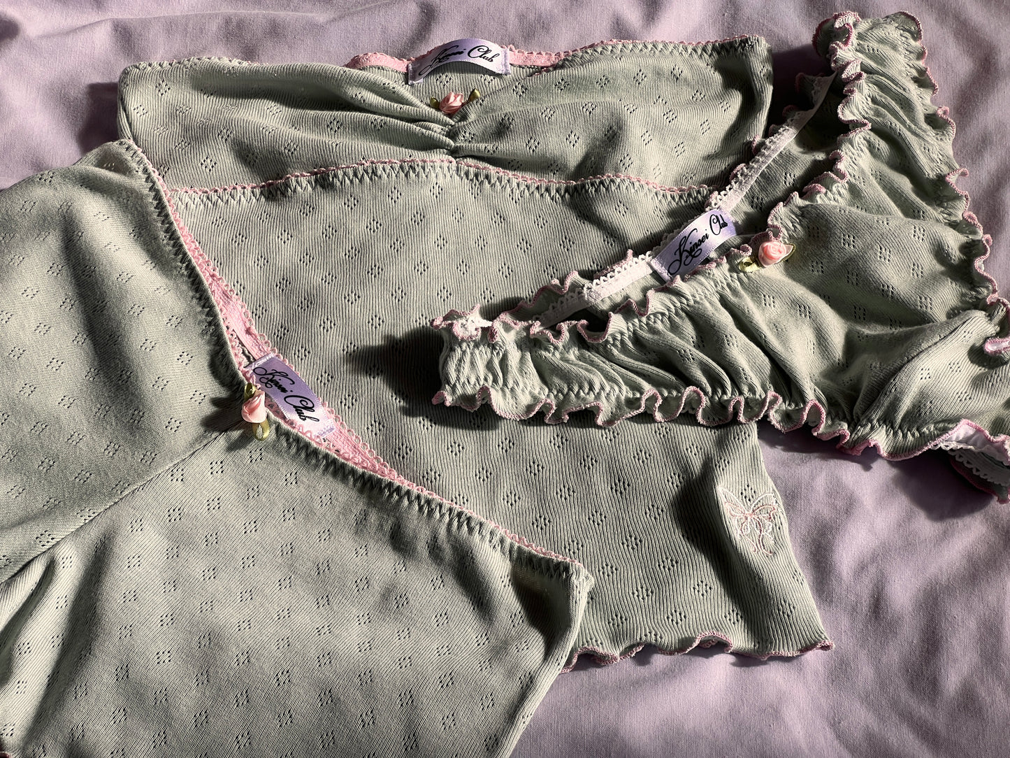 バラ Bara Pointelle Ruffle Knickers Sage Green