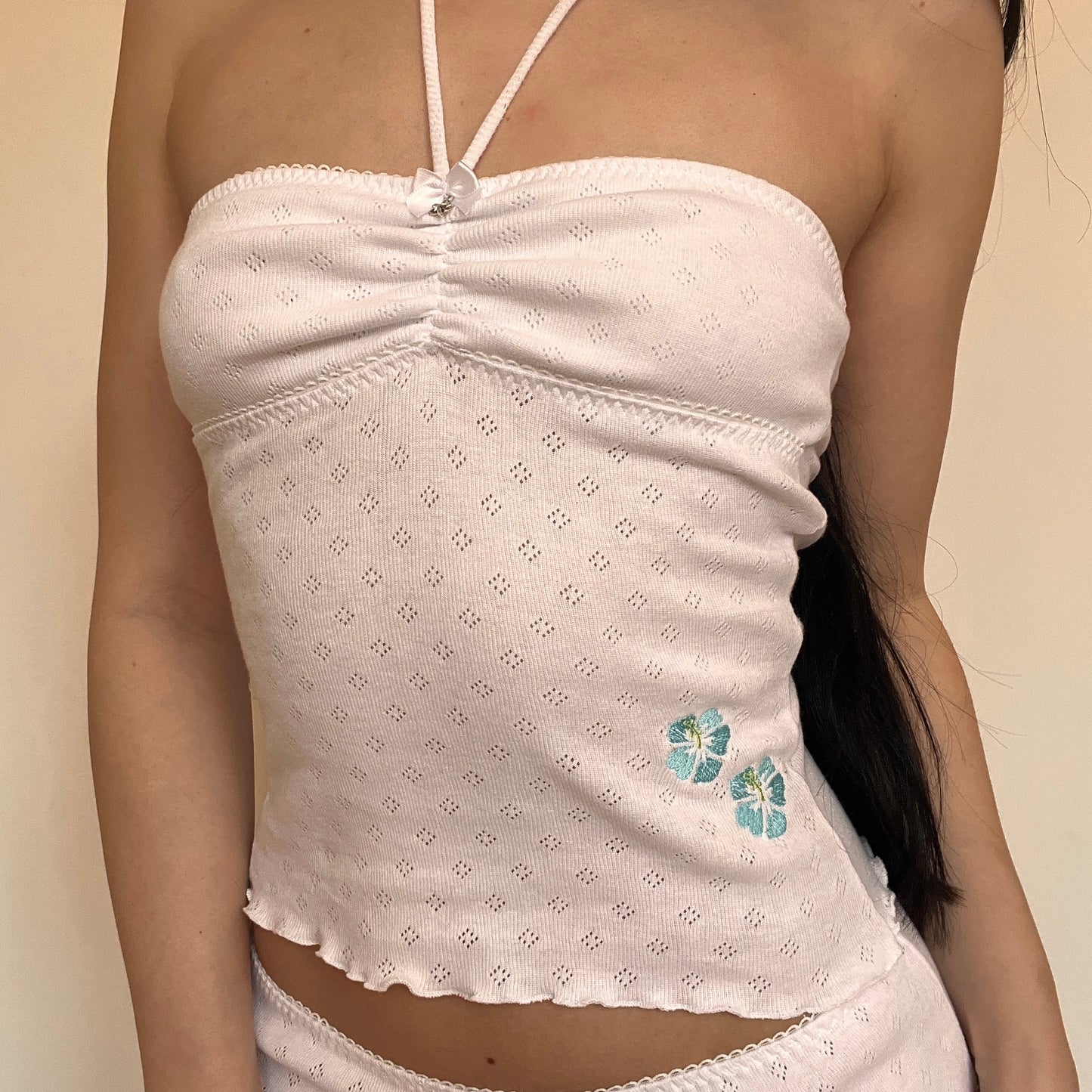 ハイビスカス Hibiscus Cotton Halter in White & Blue